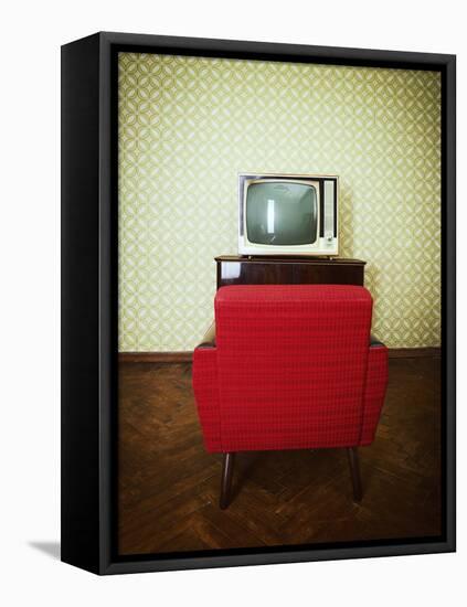 Vintage Room with Two Old Fashioned Armchair and Retro Tv over Obsolete Wallpaper. Toned-khorzhevska-Framed Stretched Canvas