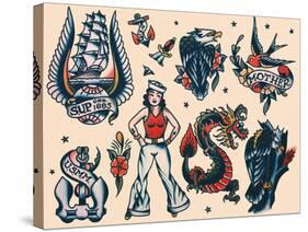 Vintage Sailor Tattoo Flash by Norman Collins, aka, Sailor Jerry-Piddix-Stretched Canvas
