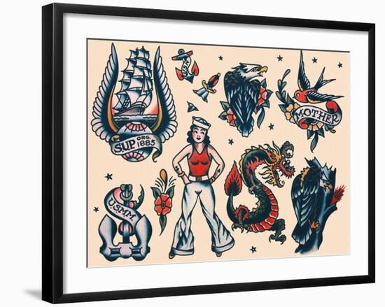 Vintage Sailor Tattoo Flash by Norman Collins, aka, Sailor Jerry-Piddix-Framed Art Print