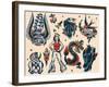 Vintage Sailor Tattoo Flash by Norman Collins, aka, Sailor Jerry-Piddix-Framed Art Print