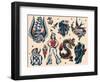 Vintage Sailor Tattoo Flash by Norman Collins, aka, Sailor Jerry-Piddix-Framed Art Print