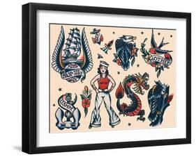 Vintage Sailor Tattoo Flash by Norman Collins, aka, Sailor Jerry-Piddix-Framed Art Print