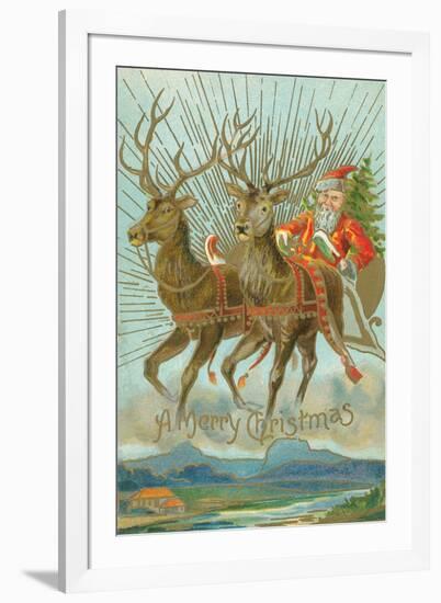 Vintage Santa Claus and Deer-null-Framed Art Print