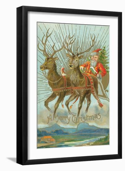 Vintage Santa Claus and Deer-null-Framed Art Print