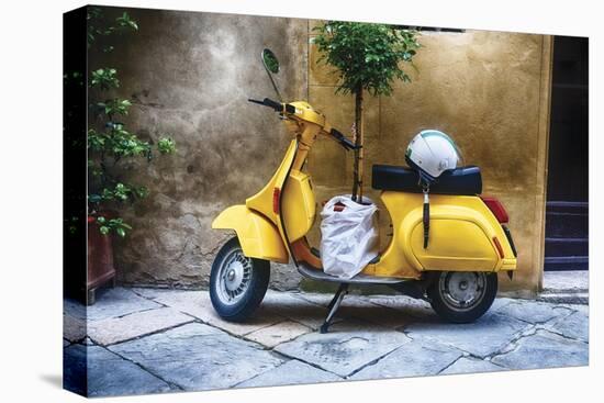 Vintage Sccooter With a Small Tree Parked along a House, Pienza, Tuscany, Italy-George Oze-Stretched Canvas