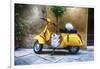 Vintage Sccooter With a Small Tree Parked along a House, Pienza, Tuscany, Italy-George Oze-Framed Photographic Print