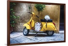 Vintage Sccooter With a Small Tree Parked along a House, Pienza, Tuscany, Italy-George Oze-Framed Photographic Print