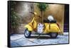 Vintage Sccooter With a Small Tree Parked along a House, Pienza, Tuscany, Italy-George Oze-Framed Stretched Canvas