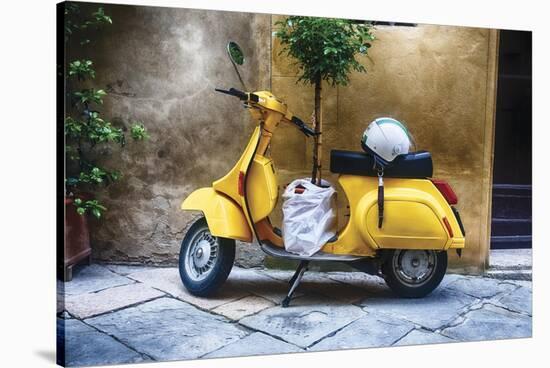 Vintage Sccooter With a Small Tree Parked along a House, Pienza, Tuscany, Italy-George Oze-Stretched Canvas