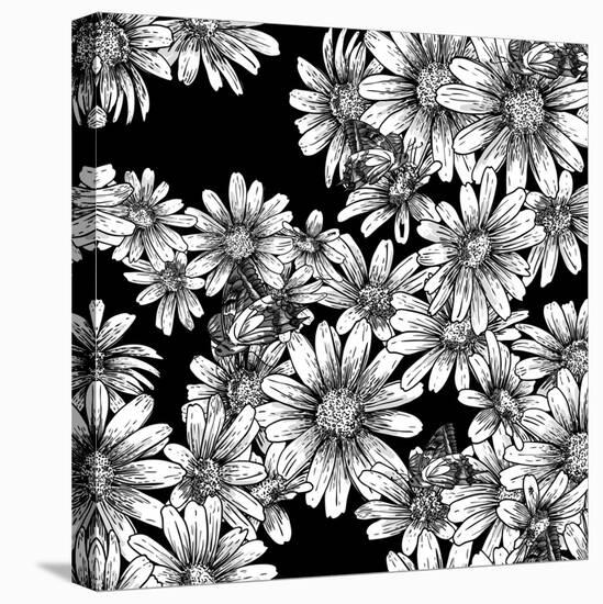 Vintage Seamless Monochrome Pattern with Daisies-Varvara Kurakina-Stretched Canvas