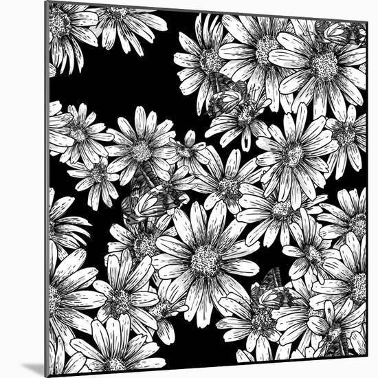 Vintage Seamless Monochrome Pattern with Daisies-Varvara Kurakina-Mounted Art Print