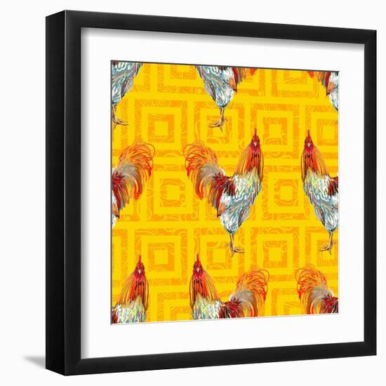 Vintage Seamless Pattern with Farm Animal Rooster. Sketch Style. Vector Background. Perfect for Wal-artskvortsova-Framed Art Print