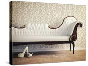 Vintage Sofa and Wallpaper Wall-viczast-Stretched Canvas