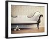 Vintage Sofa and Wallpaper Wall-viczast-Framed Photographic Print
