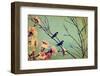 Vintage Spring Image with Swallows and Tree Blossom.Textured Old Paper Background with Conceptual N-Protasov AN-Framed Photographic Print