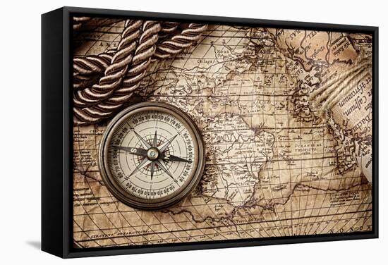 Vintage Still Life With Compass And Old Map-scorpp-Framed Stretched Canvas