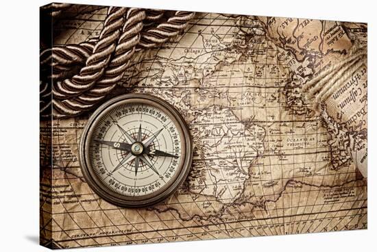 Vintage Still Life With Compass And Old Map-scorpp-Stretched Canvas