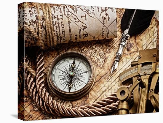 Vintage Still Life with Compass,Sextant and Old Map.Map Used for Background is in Public Domain. Ma-scorpp-Stretched Canvas