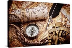 Vintage Still Life with Compass,Sextant and Old Map.Map Used for Background is in Public Domain. Ma-scorpp-Stretched Canvas