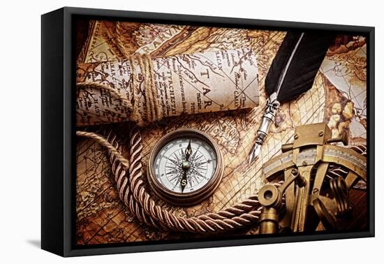 Vintage Still Life with Compass,Sextant and Old Map.Map Used for Background is in Public Domain. Ma-scorpp-Framed Stretched Canvas