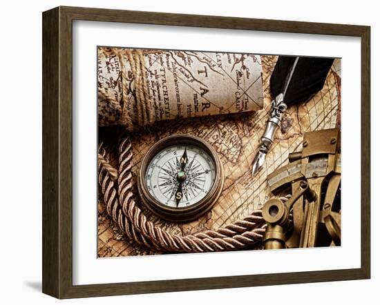 Vintage Still Life with Compass,Sextant and Old Map.Map Used for Background is in Public Domain. Ma-scorpp-Framed Photographic Print