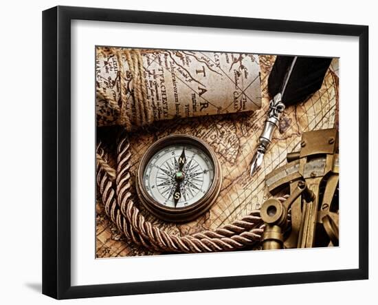 Vintage Still Life with Compass,Sextant and Old Map.Map Used for Background is in Public Domain. Ma-scorpp-Framed Photographic Print