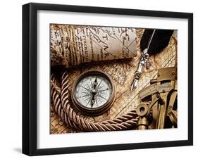 Vintage Still Life with Compass,Sextant and Old Map.Map Used for Background is in Public Domain. Ma-scorpp-Framed Photographic Print