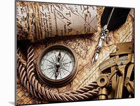 Vintage Still Life with Compass,Sextant and Old Map.Map Used for Background is in Public Domain. Ma-scorpp-Mounted Photographic Print