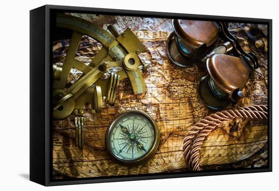 Vintage Still Life With Compass,Sextant And Old Map-scorpp-Framed Stretched Canvas