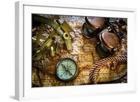 Vintage Still Life With Compass,Sextant And Old Map-scorpp-Framed Art Print