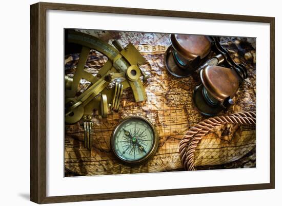 Vintage Still Life With Compass,Sextant And Old Map-scorpp-Framed Art Print