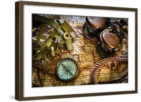 Vintage Still Life With Compass,Sextant And Old Map-scorpp-Framed Art Print