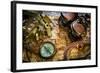 Vintage Still Life With Compass,Sextant And Old Map-scorpp-Framed Art Print