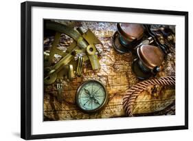 Vintage Still Life With Compass,Sextant And Old Map-scorpp-Framed Art Print