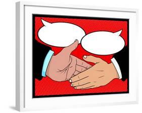 Vintage Style Comic Book Handshake with Speech Bubbles-jorgenmac-Framed Art Print