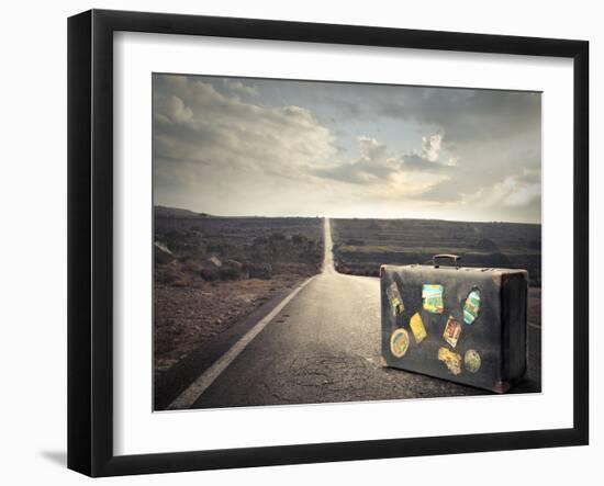 Vintage Suitcase on a Deserted Road-olly2-Framed Photographic Print