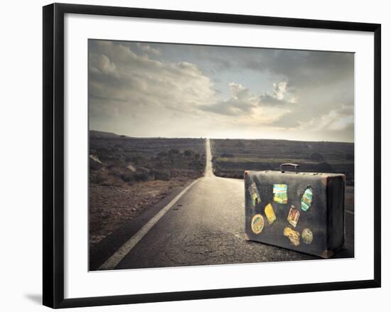 Vintage Suitcase on a Deserted Road-olly2-Framed Photographic Print