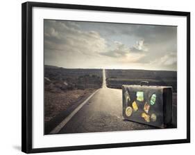 Vintage Suitcase on a Deserted Road-olly2-Framed Photographic Print