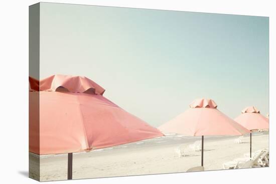 Vintage Summer Beach with Pink Pastel Parasols-Andrekart Photography-Stretched Canvas