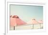 Vintage Summer Beach with Pink Pastel Parasols-Andrekart Photography-Framed Photographic Print