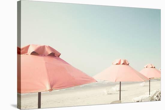 Vintage Summer Beach with Pink Pastel Parasols-Andrekart Photography-Stretched Canvas