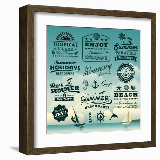 Vintage Summer Typography Design With Labels, Icons Elements Collection-Catherinecml-Framed Art Print