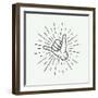 Vintage Surfing Shaka Hand with Retro Sunburst. Graphic Vector Illustration.-AkimD-Framed Art Print