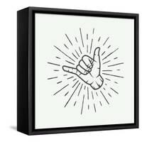 Vintage Surfing Shaka Hand with Retro Sunburst. Graphic Vector Illustration.-AkimD-Framed Stretched Canvas