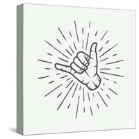 Vintage Surfing Shaka Hand with Retro Sunburst. Graphic Vector Illustration.-AkimD-Stretched Canvas