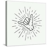 Vintage Surfing Shaka Hand with Retro Sunburst. Graphic Vector Illustration.-AkimD-Stretched Canvas