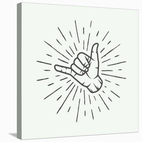 Vintage Surfing Shaka Hand with Retro Sunburst. Graphic Vector Illustration.-AkimD-Stretched Canvas