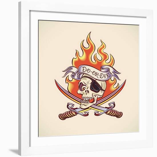 Vintage Tattoo Design with a Skull of Pirate, Swords, Flame and Banner. Raster Image. Find an Edita-Arty-Framed Art Print