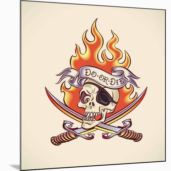 Vintage Tattoo Design with a Skull of Pirate, Swords, Flame and Banner. Raster Image. Find an Edita-Arty-Mounted Art Print