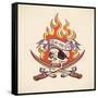 Vintage Tattoo Design with a Skull of Pirate, Swords, Flame and Banner. Raster Image. Find an Edita-Arty-Framed Stretched Canvas